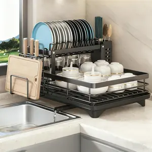 Double Layer Automatic Drain Dish Rack, Kitchen Counter and Sink, Large Capacity Detachable Stainless Steel Storage Rack, Dish Drying Rack Organiser