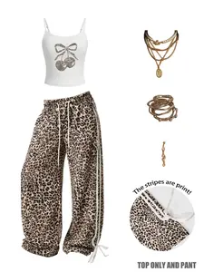 Women's Summer Casual Set, Slim Fit Tank Top + Loose Leopard Print Pants, Soft Comfortable, Essential Home Wear, Leopard Pattern, Cherry