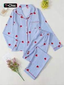 Women's Blue Striped Heart Long Sleeve Pajama Set, Elegant Cute Sleepwear, Comfortable Home Wear, Loungewear