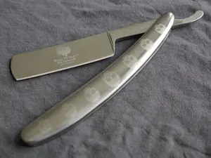 OG Vintage Shaving Straight Razor Chrome Mirror Finish Wood Handle Skulls Barber