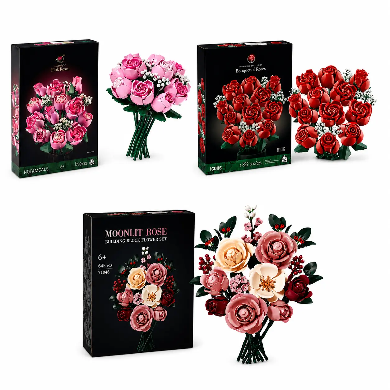 Pink Rose Plastic Buildable Blocks Kit - 789-Piece DIY Flower Brick Set, Ages 6+, Whimsical Room Decor, Home Decor Items, Gifts for Girlfriend, Anniversary Gifts for Her (Toys & Hobbies Building Toys)