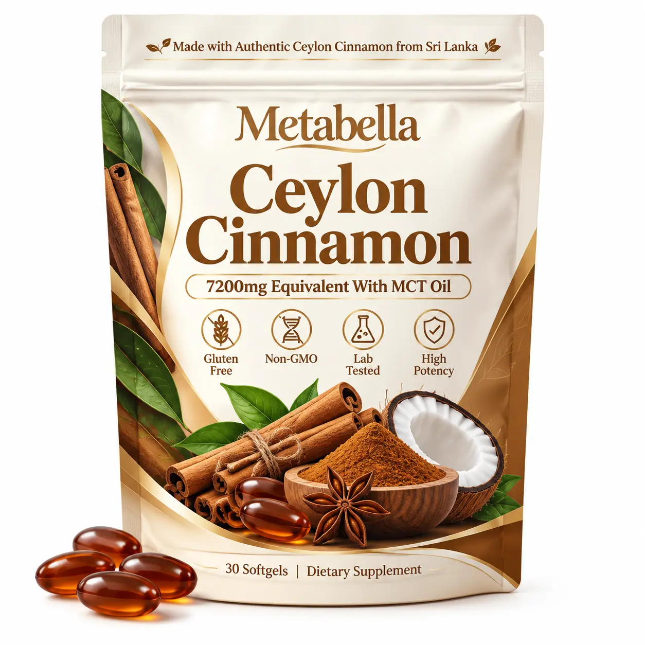 MetaBella Ceylon Cinnamon 7200mg Equivalent, 12:1 Concentrated Cinnamon Extract 600mg with Coconut MCT Oil, Daily Metabolic Wellness & Antioxidant Support, Non-GMO, Gluten-Free, 30 Softgels