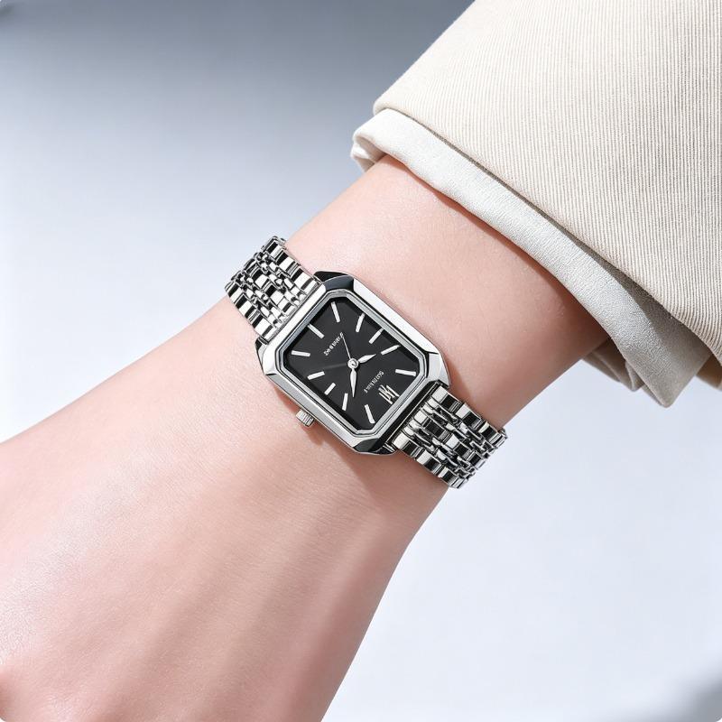 Silver-Tone Petite Rectangle Watch | Sleek Black Dial for Quiet Luxury Lovers