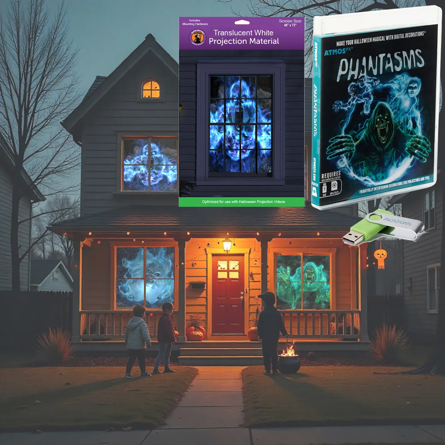 AtmosFX Phantasms on USB + 48" x 72" White Window Holographic Screen for Halloween Projection