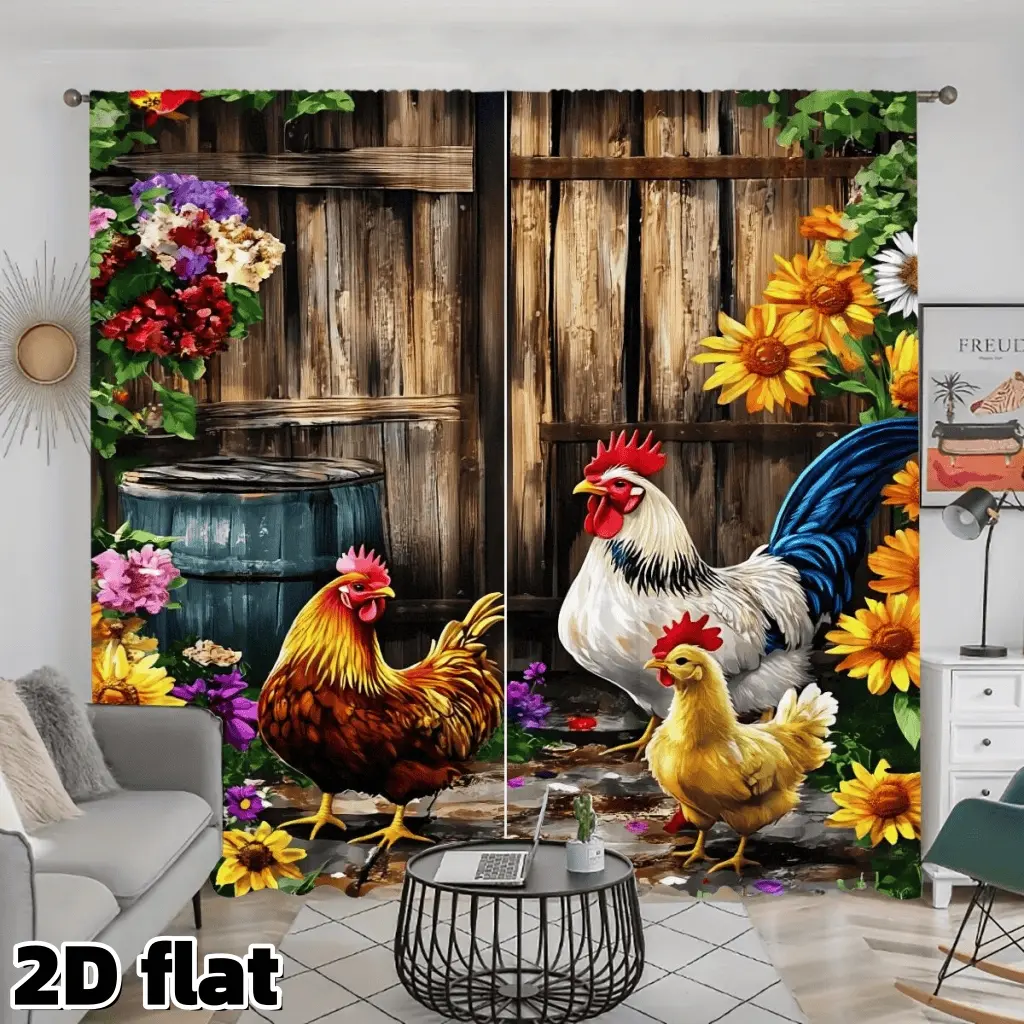 2D Flat 2Pcs Farmhouse Rooster Print Curtains Rustic Barn Wood Sunflower Pattern Rod Pocket Design Semi Sunshade Polyester Living Room Bedroom Kitchen Window Treatment Decorative Farm Animal Theme Privacy Drapes Window Decorations Supplies