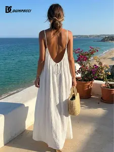 Womens Solid Color Backless Loose-Fitting Slip Dress Elegant Ice Silk Crinkle Sleeveless Long Dress for Summer Wear Indoor Sleepwear