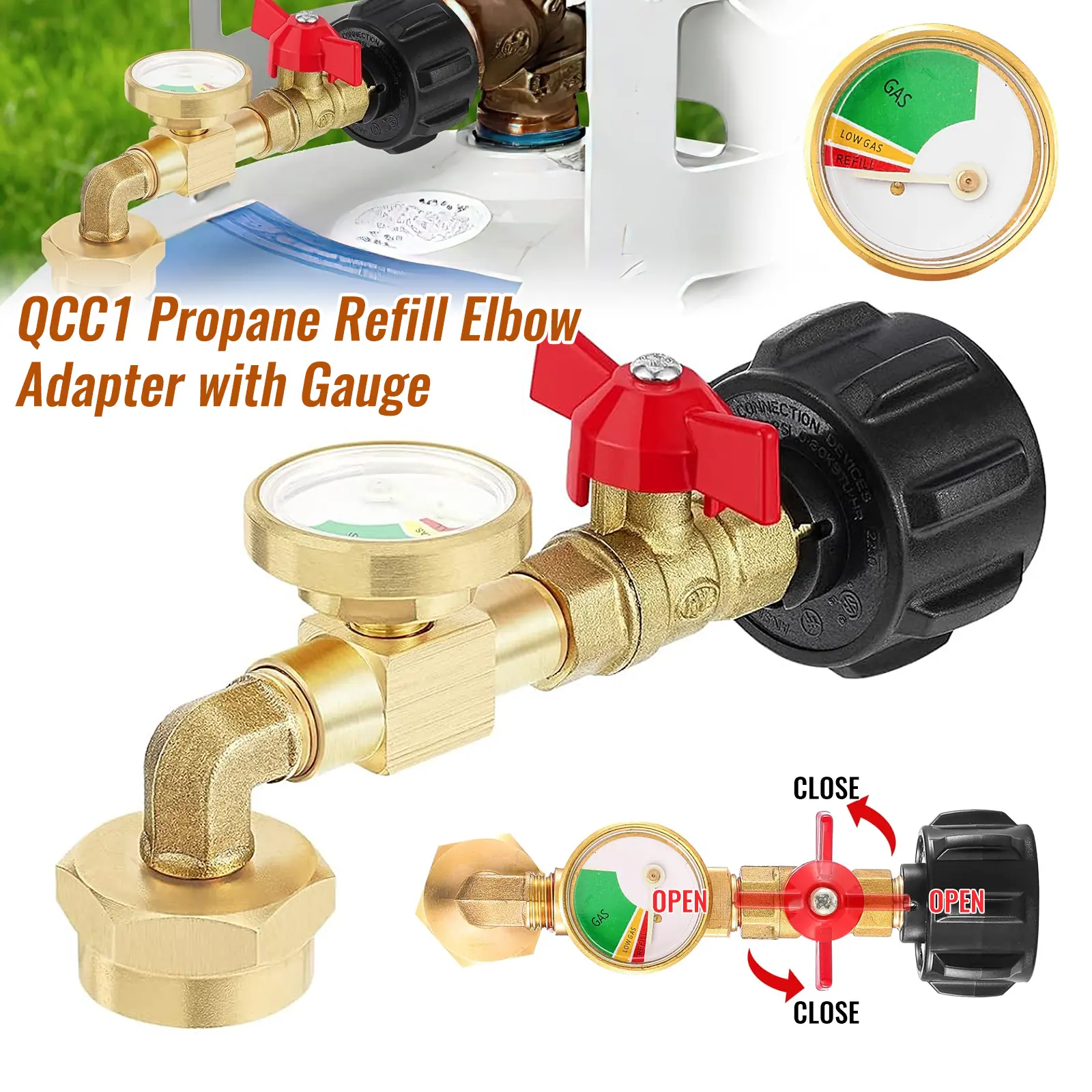 1lb Bottle Refill Adapter with Safety Valve Gauge, 90-Degree Safety Elbow, Leakage Prevention, Corrosion-Resistant Solid Brass Metal Build for 20lb QCC1-POL-Type 1 Gas Tank Quick Monitoring & Easy Refilling, Home Storage Accessory