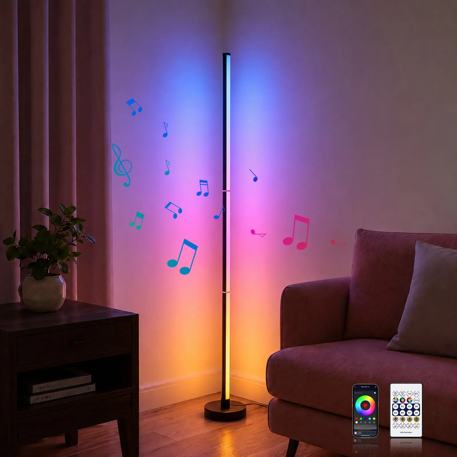 Smart RGBICW LED Corner Design Floor Lamp - 16 Million DIY Colors, 68+ Scenes, Music Sync, App & Remote Control, Color-Changing Ambient Lighting for Living Rooms, Bedrooms, and Gaming Rooms, Modern Mood Lighting