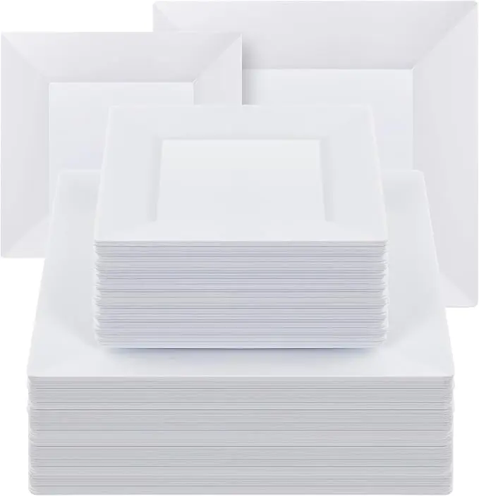 100 Pack White Square Plastic Plates, Heavy Duty Disposable Dinner Plates 9.5" & Dessert Plates 6.5", Fancy Party Plates for Wedding, Birthday, Holiday