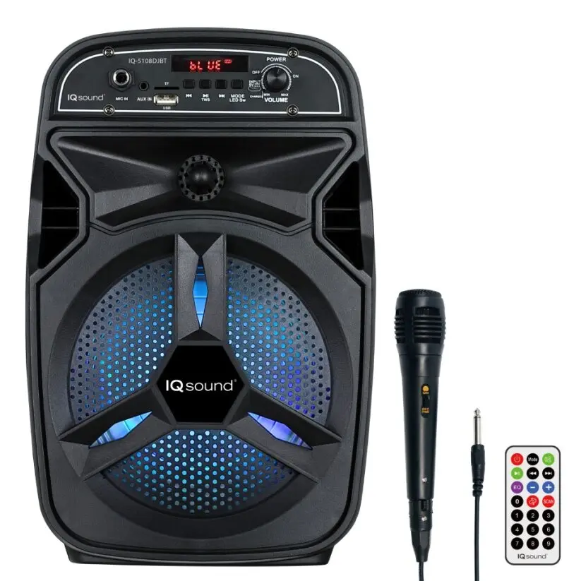 Supersonic IQ Sound IQ-5108DJBT 8-in Portable Bluetooth Audio Speaker with True Wireless Stereo, LED Light Show, FM Radio, Cable, Microphone, Remote Control, Socket
