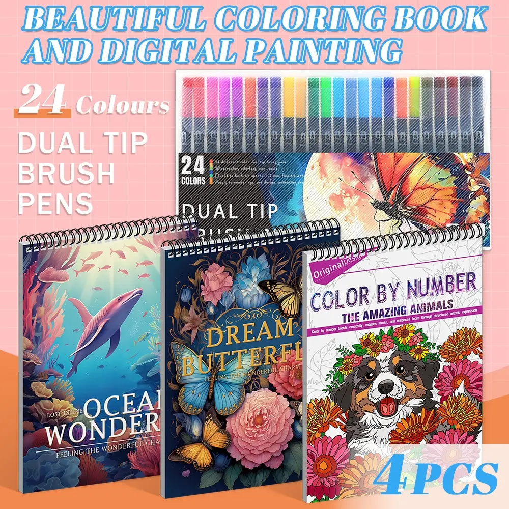 Digital Coloring Book Set, Colored Markers Set for Adults and Teens, Art Kits - Includes 1 Digital Drawing & 2 Animal-Themed Coloring Books, 24 Markers, Thick Paper, A4 Spiral Bound - Beginner-Friendly Gift for Men, Women, Christmas, Halloween