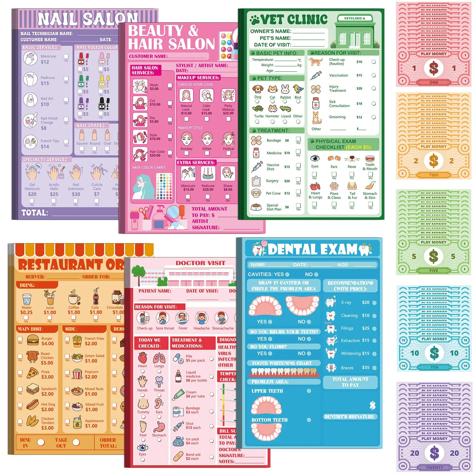 6 Pack Kids Pretend Play Notepads Play Money Set 4 x 6 Inch Pretend Notebooks Playtime Pads 40 Pages Each of Restaurant Vet Dental Doctor Visit Salon for Imaginative Role-Playing Activity Accessories