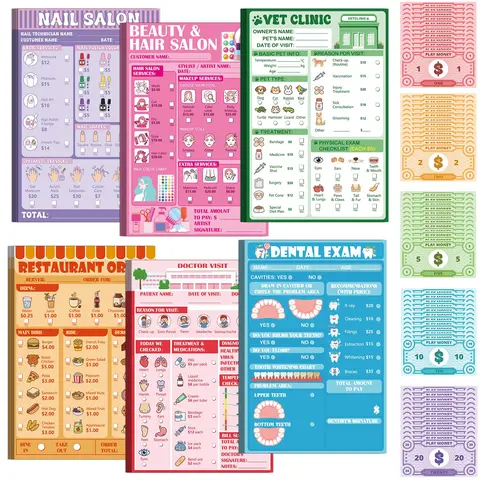 GISGFIM 6 Play Pretend Notepads & Play Money Set - 4 x 6 inches, 40 Pages Each, Double-Sided Color Printing, Office Stationery for Kids’ Imaginative Role-Playing, Encourages Collaboration, Enhances Social Skills, Back to School Supplies