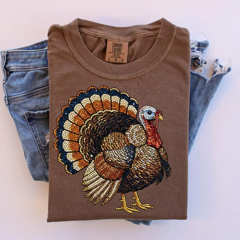 Comfort Colors Faux Rhinestone Turkey T-Shirt, Thanksgiving Quilt Tee, Cozy Autumn Tshirt, Farmhouse Fall Shirt