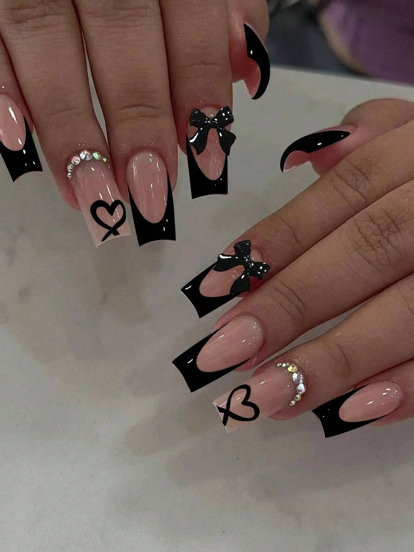 24PCS Long Coffin Black French Heart Press-On Nails with Rhinestone Pink Bow
