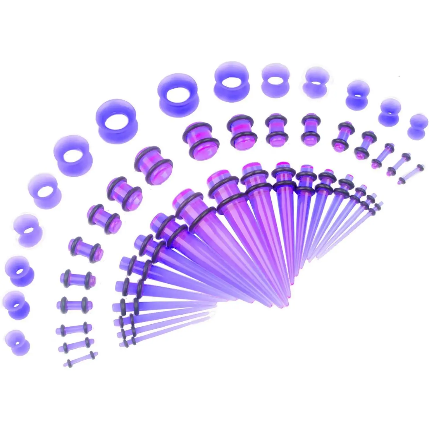 New 50-Piece Ear Gauges Stretching Kit, 14G-00G | Acrylic tapers and plugs with soft silicone tunnels, body piercing jewelry for women and men