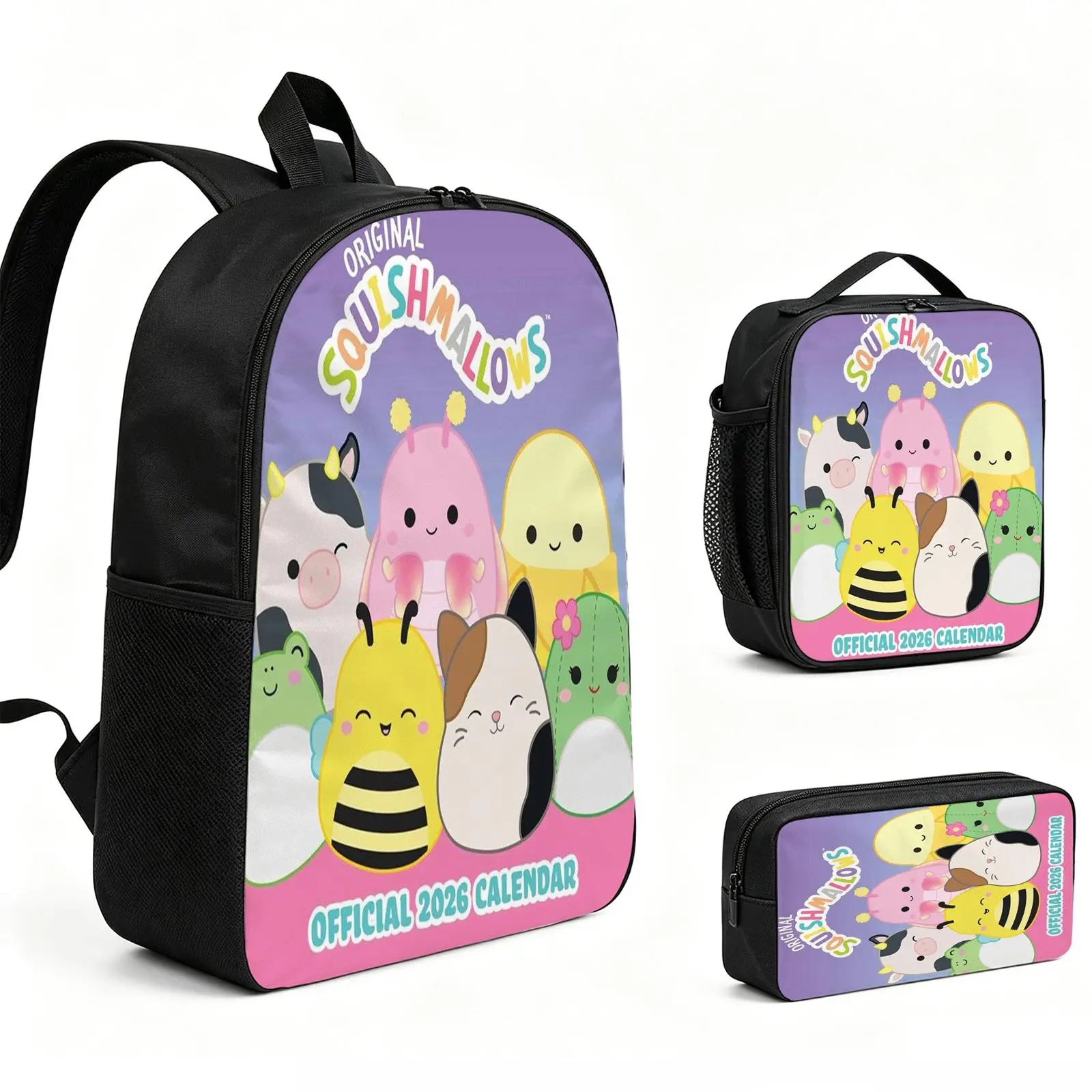 Squishmallows Backpack 3pcs Set with Vibrant Print, Durable School Bookbag with Insulated Lunch Tote and Pencil Bag for Teens Boys Girls, Multi-Functional Laptop Travel Daypack Gift for Kids L-162