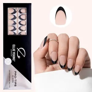 ELLIE YOUNG PRO-TIPS Short Almond Black French Tips with Nude Base, 160pc Press-On Nails Kit – 16 Sizes, Matte Gel Acrylic Look, Soft Gel DIY Extensions