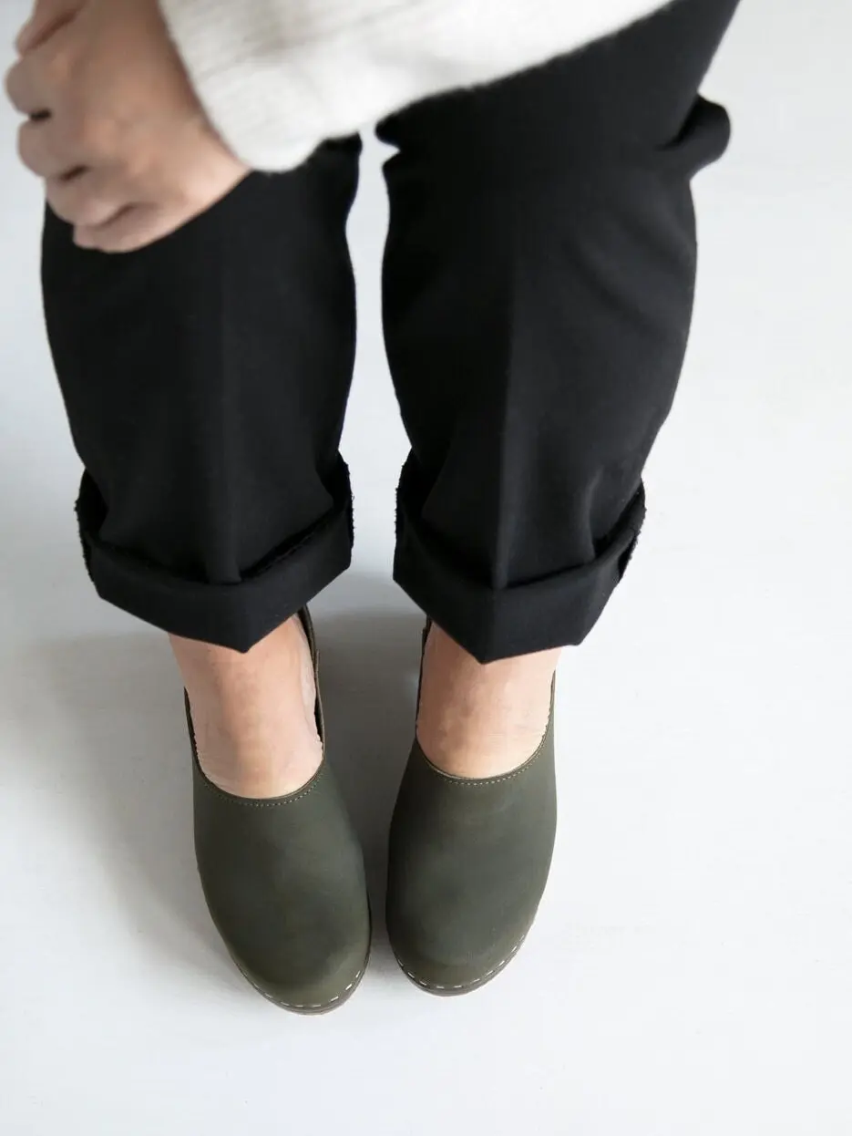 Swedish Wooden Clogs for Women / Bridget Closed Back / Women High Heel Shoes / Nubuck Leather Clogs / Olive