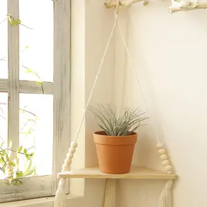 Wooden Bead Tassel Hanging Shelf, Boho Style Wall Mounted Storage Rack, Home Decor for Living Room Bedroom Corner, Vanity Decor Accessories