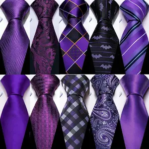 Luxury Dark Purple Silk Necktie For Men Elegant Paisley Jacquard Handkerchief Cufflinks Set Party Business Gifts Barry.Wang 5134