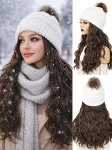 22 Inch Wavy Synthetic Hair Pre Styled Natural Looking Wig with Cozy Knit Hat, Soft Heat-Resistant Fiber, Easy Wear, Ideal for Winter Travel Daily Wear, Synthetic Wigs