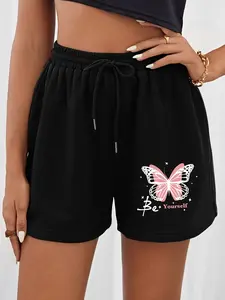 Butterfly Graphic Sweat Shorts for Women, Black, Elastic High Waist, Soft Cotton Blend, Lounge & Streetwear, Y2K Aesthetic, Comfy Summer Bottoms, Loose Fit for Workout, Running, Daily Wear, Cute Pink Print, Cozy Loungewear