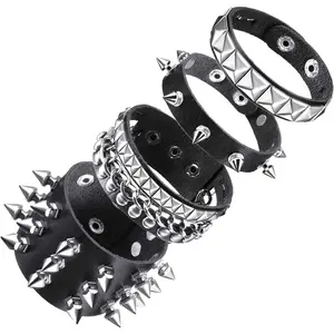 Emo Y2K Indie Grunge Studs Spiked Bracelet Goth  Accessories for Cool Rocker  Biker, 4 count Men Punk Black PU Leather Cuff Bracelets Set