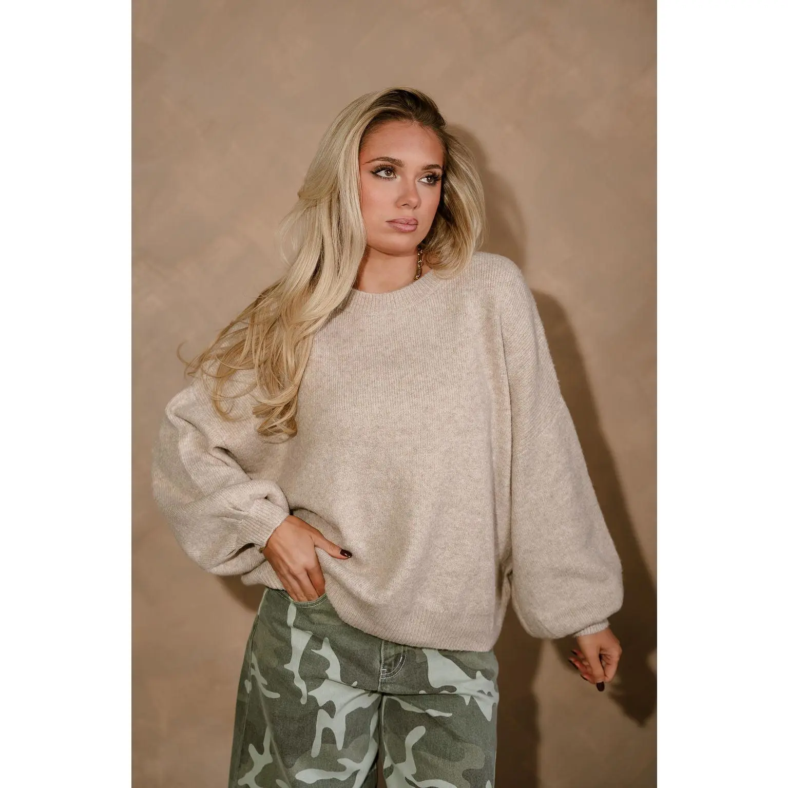Farrah Beige Balloon Sleeve Sweater