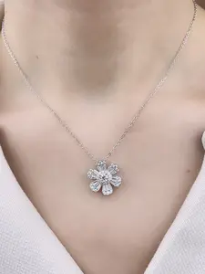 Sterling Silver with Simulated Diamond CZ 6 Flower Petals and 1 Flower Core Necklace for Women