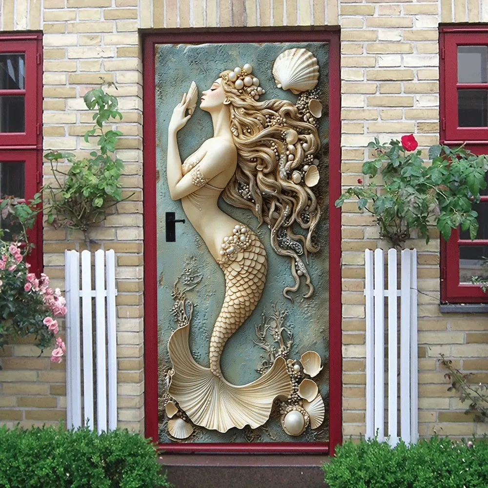2pcs Relief Mermaid Wall Sticker Nordic Ins Style Self Adhesive Waterproof PVC Decorative Art Decal with Shell Pearl Ocean Elements for Living Room Bedroom Home Decoration