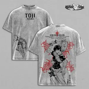 Sorcerer Toji Fushiguro Shirt x Jujutsu Kaisen Anime Double Printed Vintage Washed Tee Unisex Oversize Heavyweight Cotton T-shirt for Anime Fans and Lovers