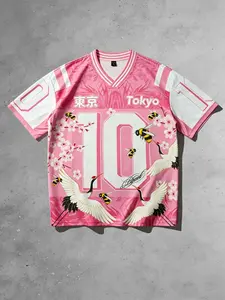 American Vintage Tokyo Cherry Blossom Crane Print Jersey Menswear T-Shirt, Sweet Cool Y2K Streetwear Street Style Short Sleeve Top, Fashionable Graphic Tee