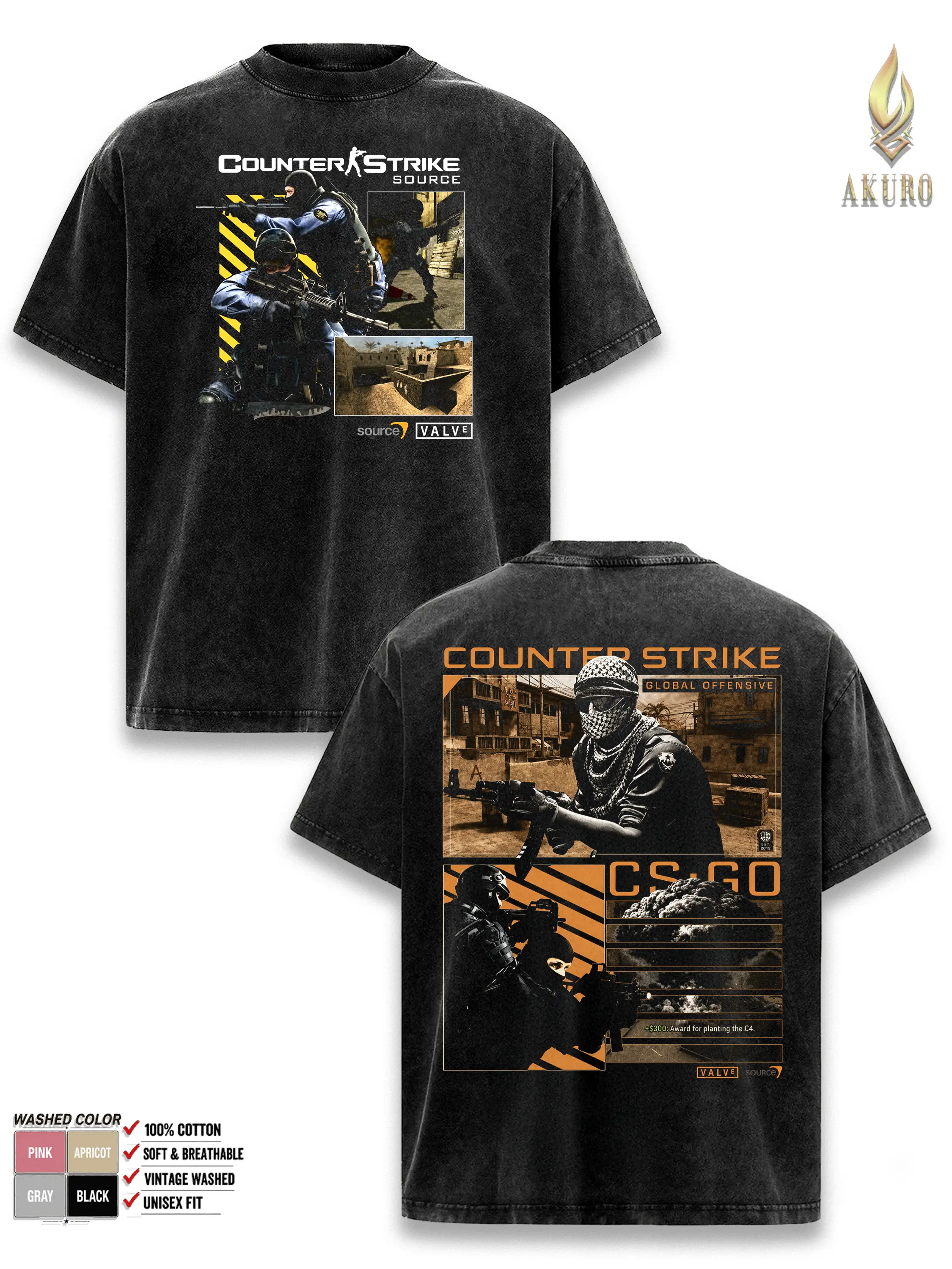 Counter Strike T Shirt, CS GO Graphic Tee, Counter Strike Source Vintage Washed Oversized Shirt, Valve Gaming Streetwear, Soft Cotton Gamer Gift