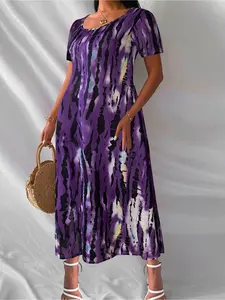 Loose Tie Dye Maxi Dress, Short Sleeve, Round Neck, Side Pockets, Casual Vacation Outfits, Non-Fitted Silhouette, Women, Womenswear