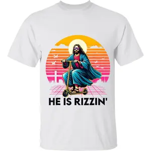 He Is Rizzin Funny Jesus Scooter Meme T-Shirt, Religious Humor Tee, Easter Gift, Christian Parody Apparel, Jesus Riding Scooter Graphic Shirt, Daily Unisex Cotton Shirt for Men for Women