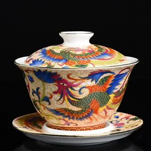 Enamel-painted Dragon-and-Phoenix Lidded Bowl National Trend Hand-painted Ceramic Gongfu Tea Set for Tea Ceremony and Brewing