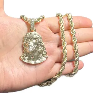 Jesus Big Pendant Necklace Gold Plated 24" Inches Chain with Detailed Pendant Design Fashion Jewelry