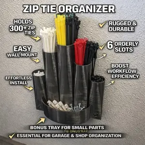 Wall Mount Zip Tie Organizer (6 Sizes) – Holds 300+ Heavy Duty Zip Tie Organizer – New & Improved Design 6 Slot Zip Tie Holder w/ Front Storage – Garage Must Have New Zip Tie Organizer w/ Extra Storage Compartment