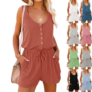 【US Shipping】Women’s Sleeveless Romper – Summer Scoop Neck Button Down Jumpsuit with Adjustable Waist & Pockets, Casual Vacation Outfit