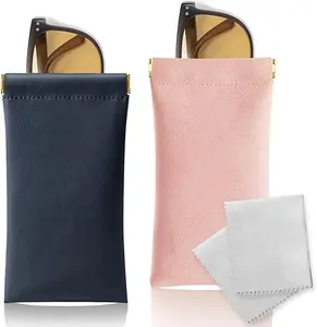 Soft Sunglass Case 2 Pack - Portable Squeeze Top Leather Eyeglass Case Pouch with Durable Design and versatile Storage