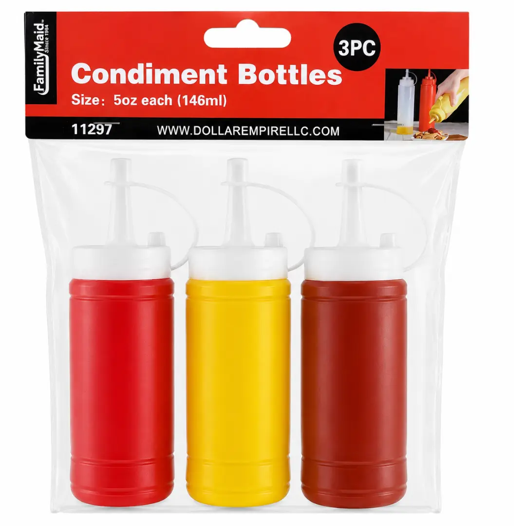 Condiment Squeeze Bottles, 5 oz Plastic Sauce Dispensers with Attached Nozzle Caps, Reusable Bottles for Ketchup, Mustard, Dressings and BBQ Sauce, Red Yellow Brown, 3-Pack