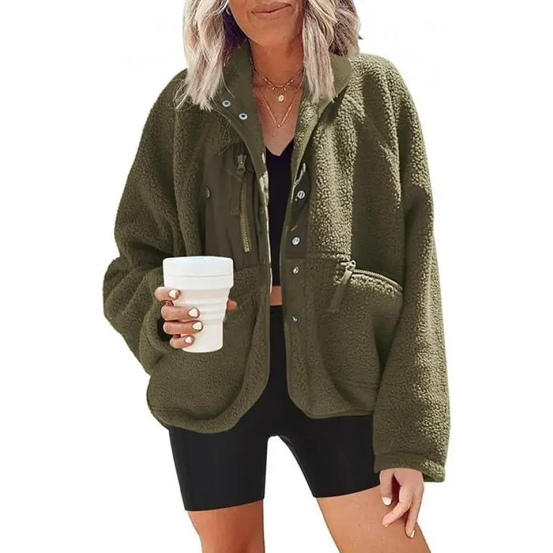 Women's Teddy Fleece Collared Shacket - Button-Down, Warm Winter Outwear with Pockets, Polyester, All Seasons, Cold Wash Womenswear Coat