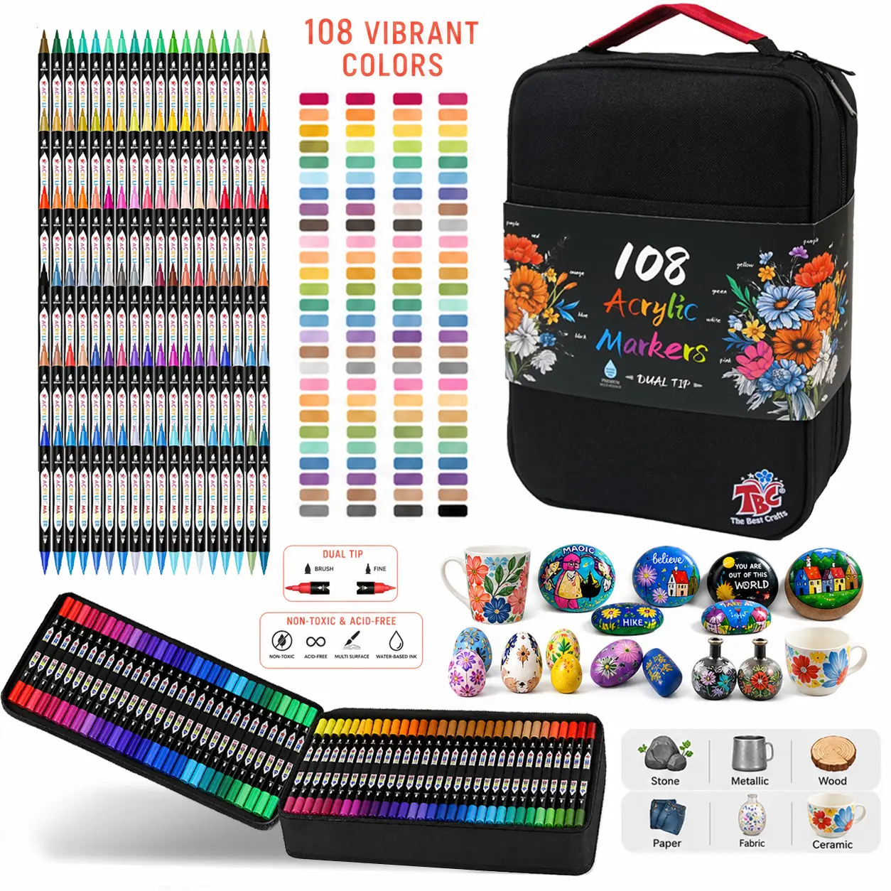 TBC The Best Crafts 108-Color Dual-Tip Acrylic Paint Markers with Double-Zipper Topgrade Canvas Bag, Waterproof, Non-Toxic, Odorless for DIY Projects, Family, Paper, Pottery, Acrylic Markers, Nylon Bullet, Markers For Coloring