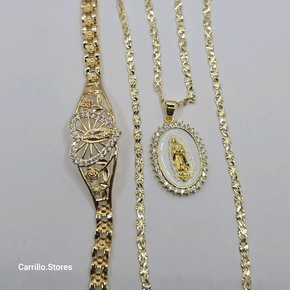 VIRGIN MARY beautiful set  necklace with heart bracelet gold-plated three colors 24"inches clear stone's