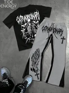 Men's Gothic Style Extraordinary Skull Two-Piece Set, Fitted Metal Band Font Print T-Shirt & Praying Hands Flared Bell Bottoms, Y2K Streetwear Essentials
