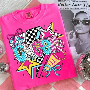 Comfort Colors Preppy Cheer Mom Shirt, Colorful Checker Bow Pom Pom Tee, Coquette Cheerleader Aesthetic Top, Vibrant Team Spirit Graphic Shirt