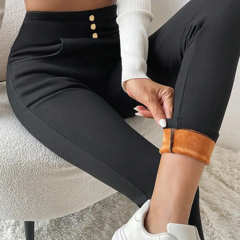Women's High Waist Button Pocket, Casual Comfy Warm Skinny High Waisted Legging Pants for Daily Wear, Ladies Bottoms for Fall & Winter, Leggings With Pockets