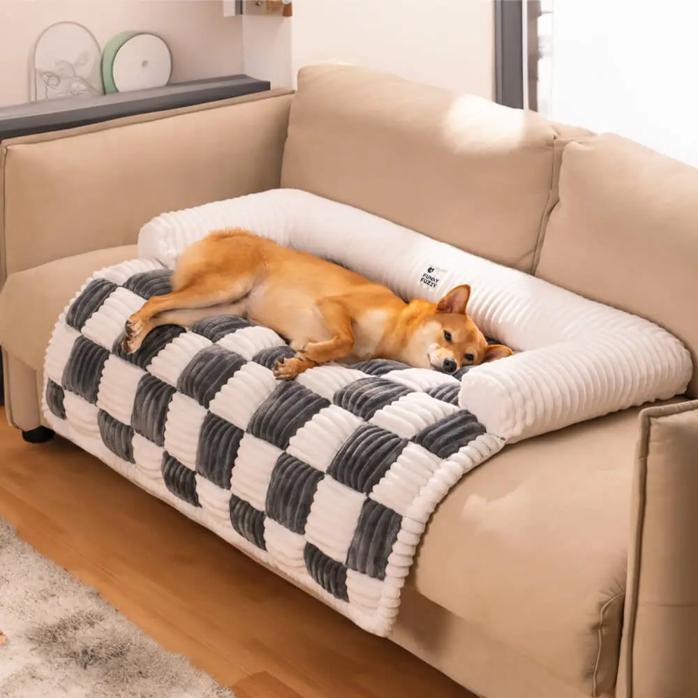 FUNNYFUZZY Cream Square Plaid Cozy Dog Mat Furniture Protector Cover