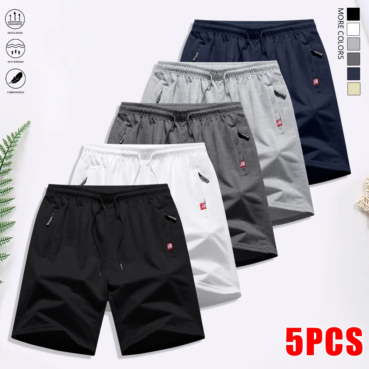 Men’s Breathable 5-Pack Summer Active Sports Shorts - Sporty Chic Fitted Cut 100% Polyester, Drawstring & Zipper, Suitable for Biking, Beach, Everyday Wear, Cycling Shorts, 100% Polyester Men's Shorts